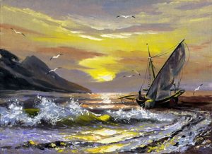 نقاشی قایق و افق دریا